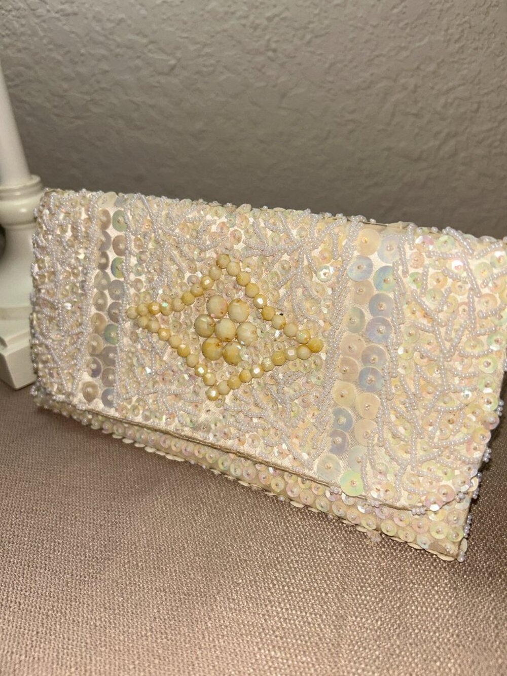 Vintage Beaded Clutch Ivory Pearl Sequin Evening Purse